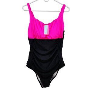 Pink & Black One-Piece Swimsuit  Ruching & Adjustable Straps  Aqua Eve Size XL